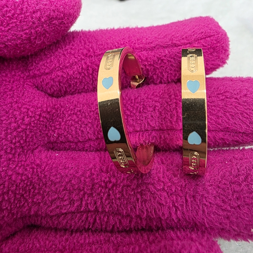 Gold Earrings with Tiffany Blue Heart Accents Fashion Inspired Jewelry